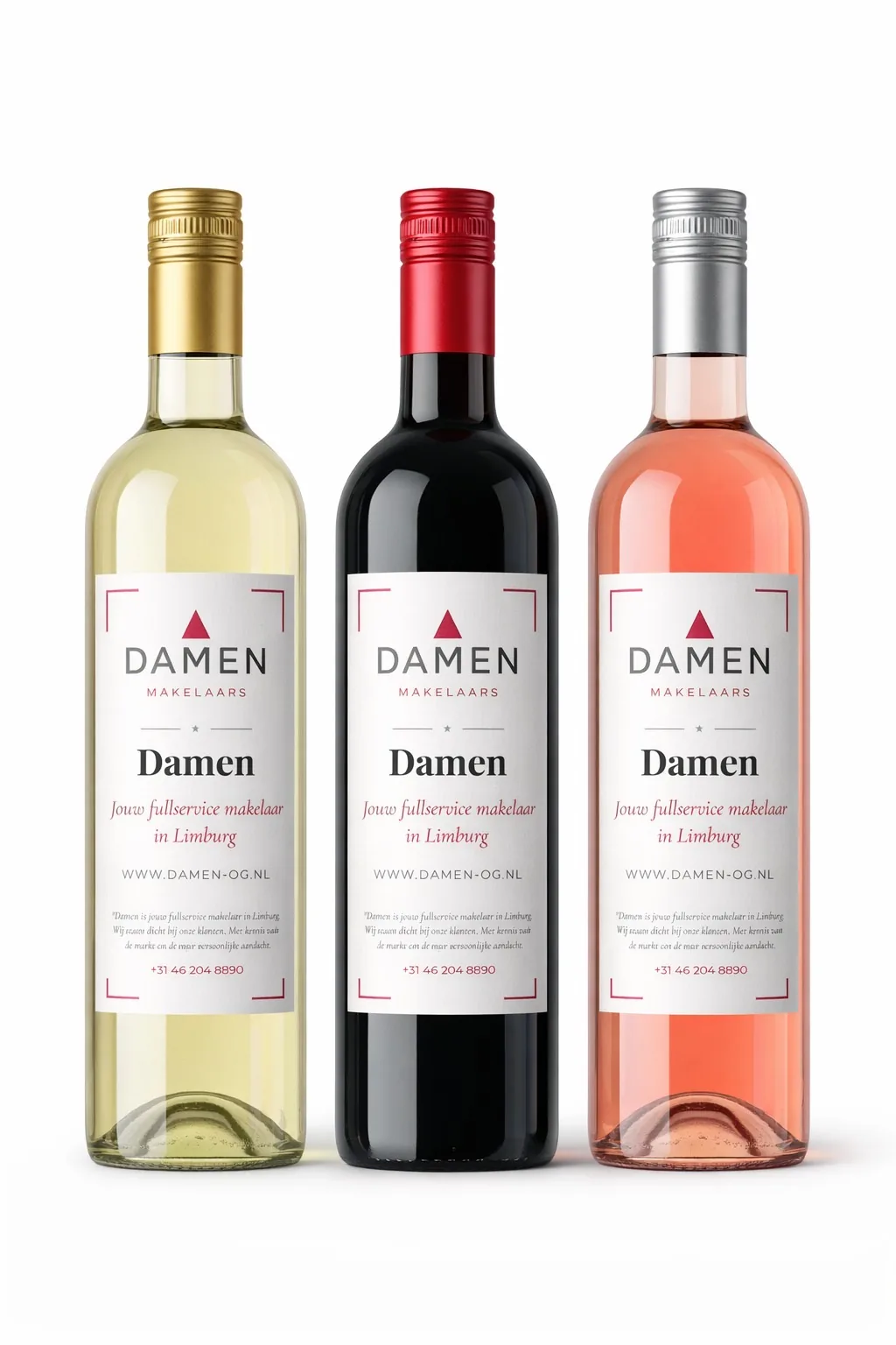 Trio alcoholvrije wijnen met eigen etiket — wit, rood en rosé