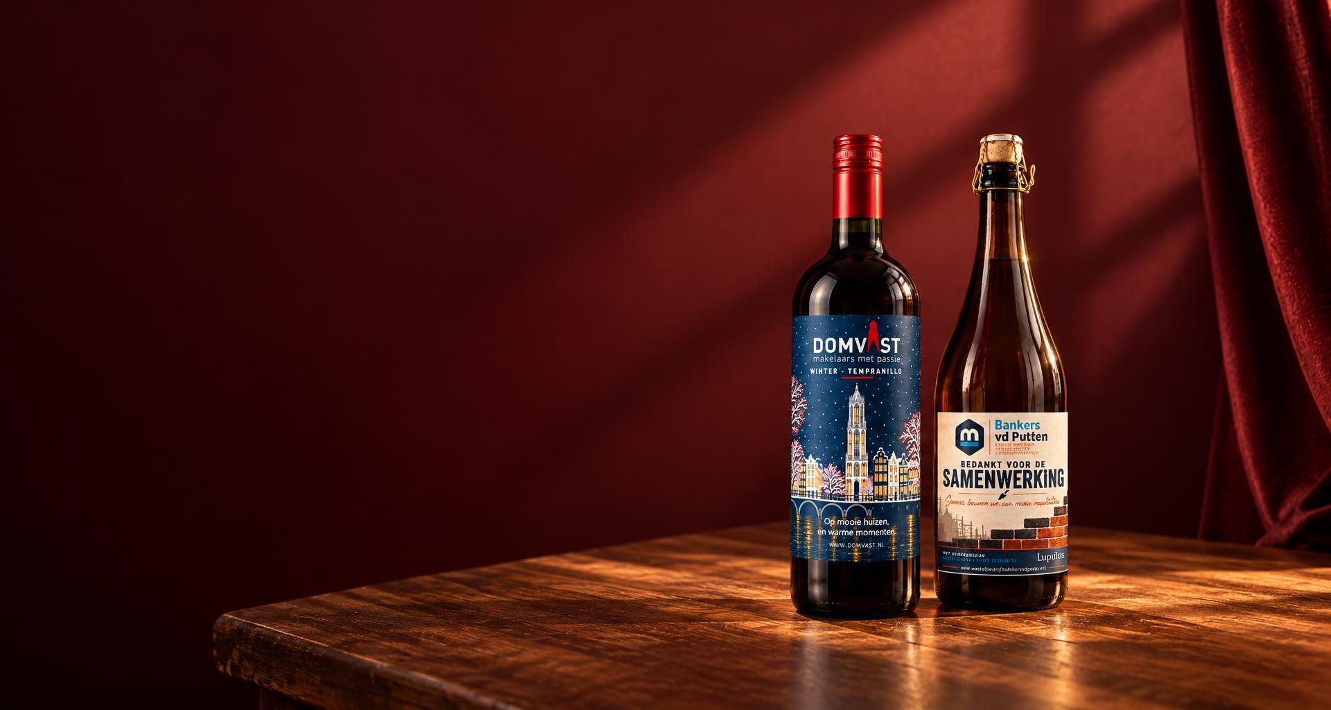 Wijn en bier met eigen etiket: Domvast Tempranillo en Bankers vd Putten bier
