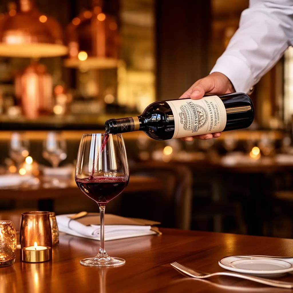 Sommelier schenkt huiswijn met eigen etiket in restaurant
