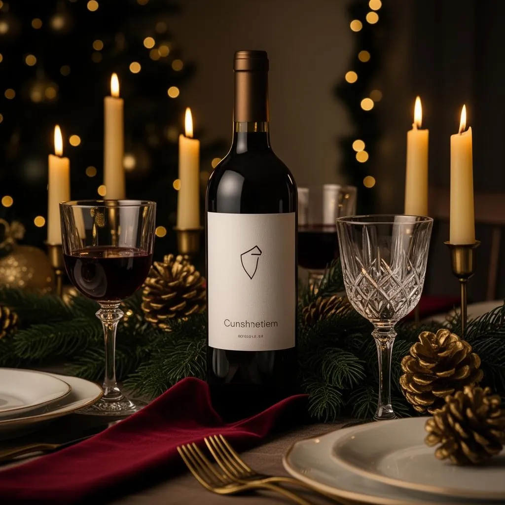 Sfeervolle kerstdiner-tafel met wijnfles met persoonlijk etiket, kaarsen en dennengroen